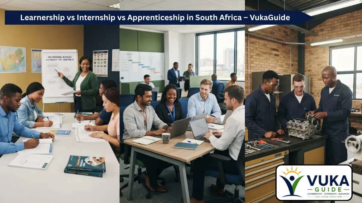 Young South Africans comparing learnership, internship and apprenticeship career pathways