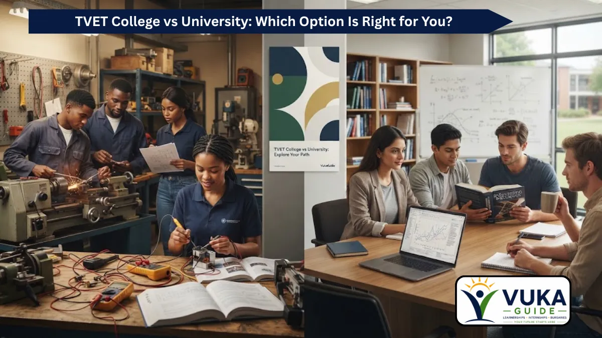 South African students comparing TVET college and university education pathways after matric